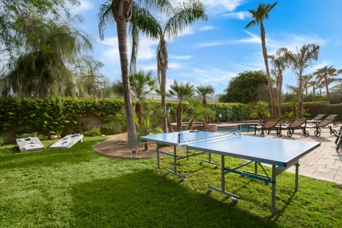 The backyard is perfect for outdoor activities.