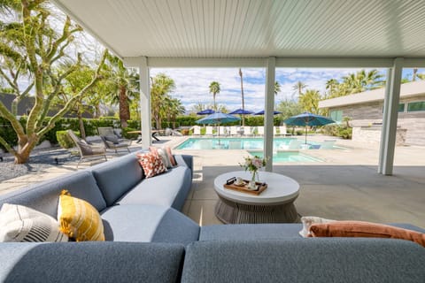 Lounge on the covered poolside patio.