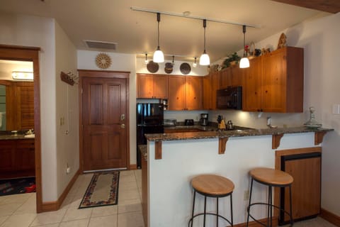 Kitchen with seating for two.