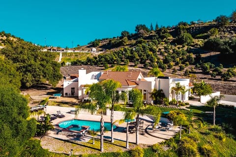 Beautiful aerial view of home with a view of palm trees and pool.