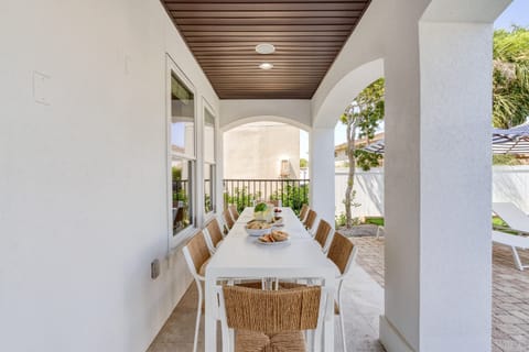 The outdoor dining area is covered.