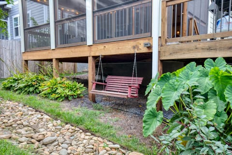 Charming swinging chair and plants under the porch.