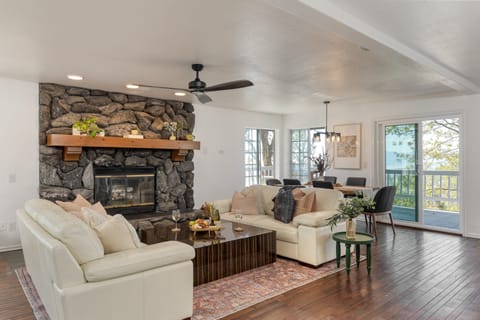 Living room features a fireplace.