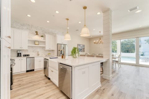 Spacious kitchen with a large island counter.