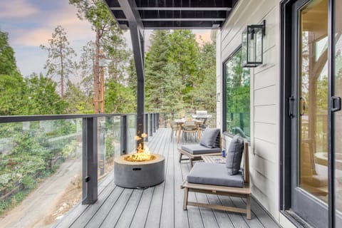 Electric firepit and outdoor seating.