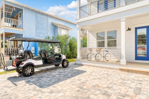 Golf cart and bikes.