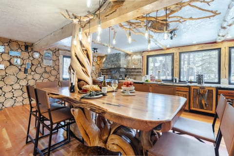 Dining area with natural rustic accents.