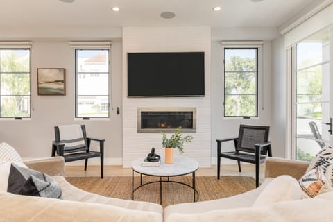 Fireplace and TV.