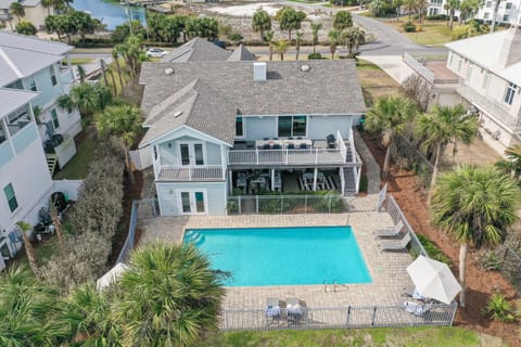 Backyard, pool, patio, and upper deck.