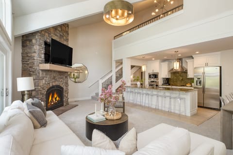 Fireplace and TV in the main living room.