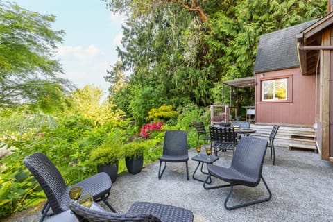 Secluded deck surrounded by nature.