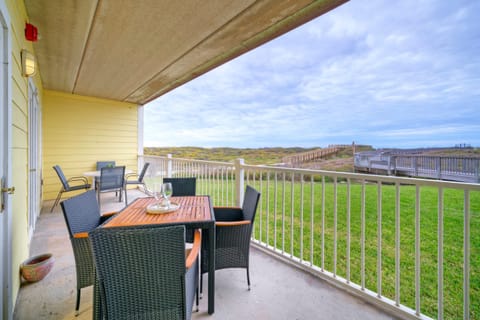 Patio features double tables and ocean views.