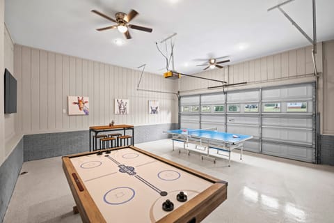 Converted garage into a game room with a ping-pong table & air hockey.