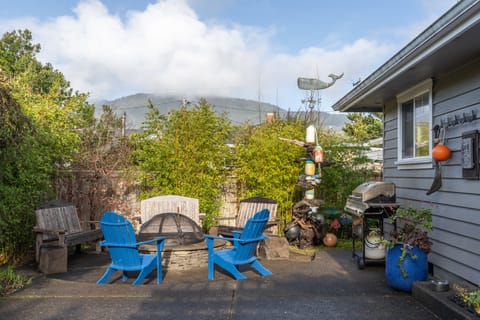 Backyard features a firepit and gas grill.