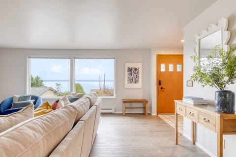 Ocean views through large windows in the living room.