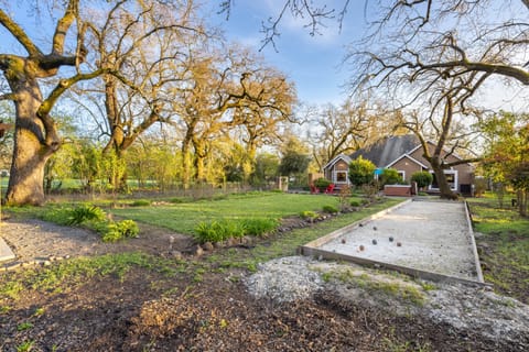 Spacious backyard features a large lawn and a bocce ball court.
