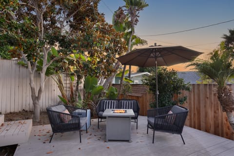 Fire pit table in the backyard.