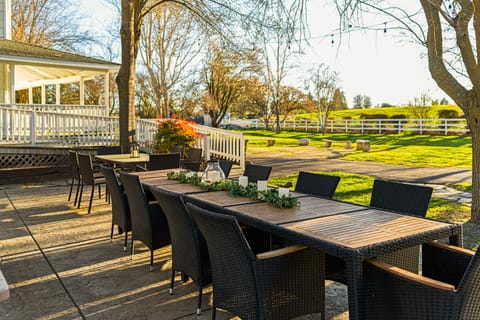 Luxe patio with tons of seating and a firepit lounge.
