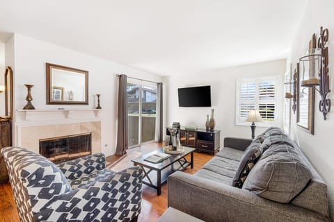 Inviting living room with fireplace.