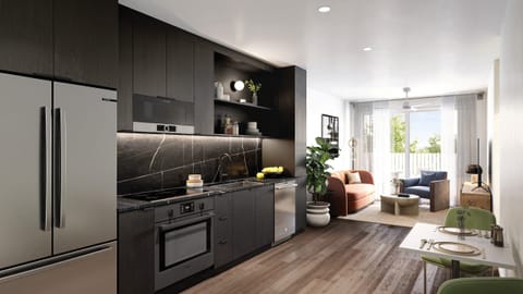 Deluxe 1 Bedroom Suite w/ Balcony: Modern open-concept kitchen and living area with sleek finishes, clean lines, and abundant natural light.