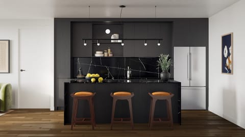 1 Bedroom Suite: Modern kitchen with sleek design and island seating.