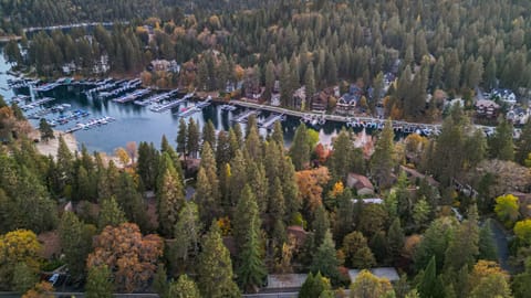 Scenic aerial of Lake Arrowhead and the surrounding forest.