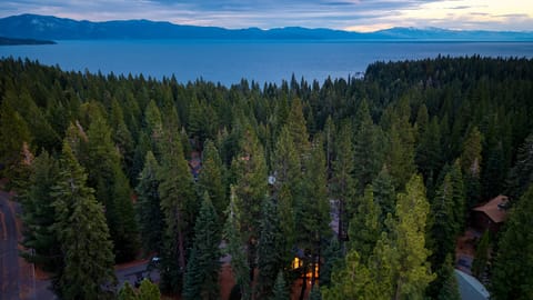Tucked beneath towering pines with Lake Tahoe just beyond the treetops.