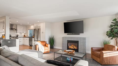 Unit 1: Bright open living room with fireplace, TV, and sofa.