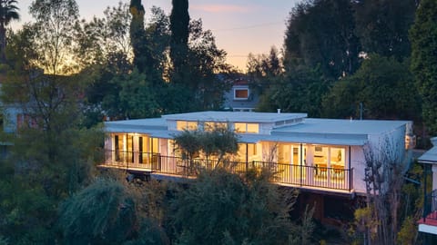 Elegant exterior twilight view.