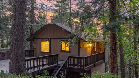 Escape to a peaceful forest cabin with wraparound deck space, warm evening light, and towering trees all around.