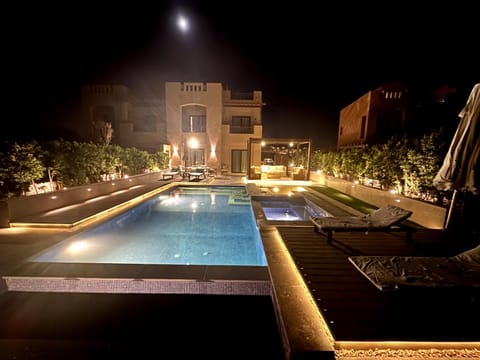 Night, Pool view, Swimming pool, sunbed