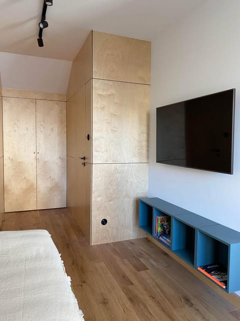 Bed, TV and multimedia, Living room, Seating area, Bedroom