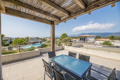 Patio, Day, Natural landscape, Summer, View (from property/room), Balcony/Terrace, Seating area, Dining area, On site, Garden view, Mountain view, Pool view, Swimming pool, sunbed