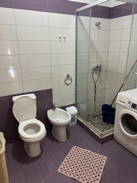 Shower, Toilet, Bathroom, bidet, towels, washing machine