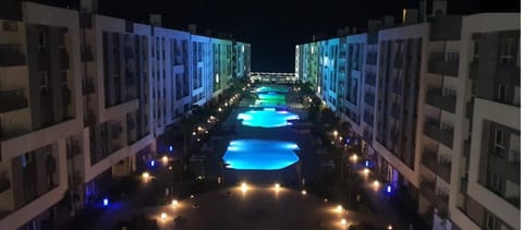 Property building, Night, Pool view, Swimming pool