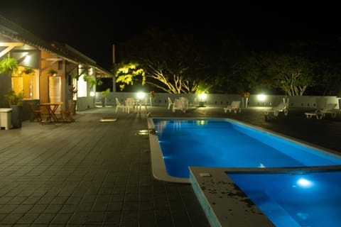 Night, Pool view, Swimming pool, sunbed