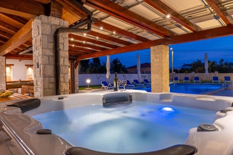 Patio, Night, Natural landscape, Hot Tub, Pool view, Swimming pool, sunbed