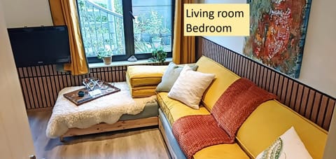 Bed, TV and multimedia, Living room, Seating area, Evening entertainment, Bedroom