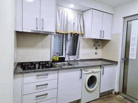 Kitchen or kitchenette, stove, washing machine