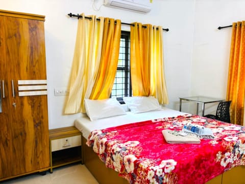 Bed, Bedroom, furniture, towels, wardrobe, air conditioner