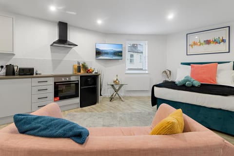 Bed, Living room, Photo of the whole room, Decorative detail, Seating area, Bedroom, oven, stove