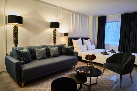 Bed, Living room, Seating area, Bedroom