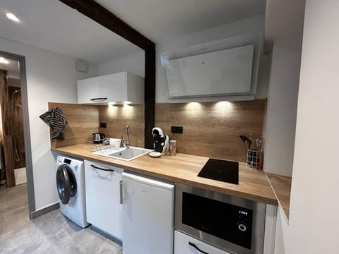 Kitchen or kitchenette, minibar, stove, washing machine