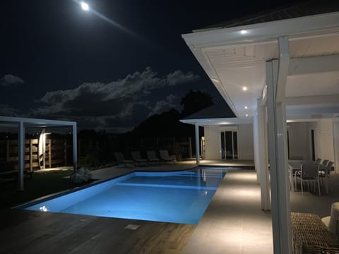 Patio, Night, Natural landscape, Pool view, Swimming pool, sunbed