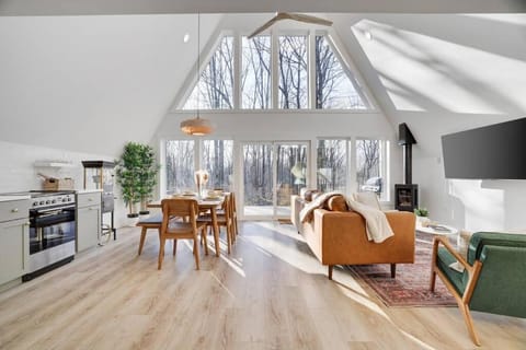 Modern A-frame in woods' embrace with a Hot Tub Haus in Hickory Run State Park