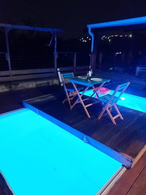 Night, Pool view, Swimming pool, sunbed