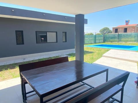 Patio, Dining area, Pool view