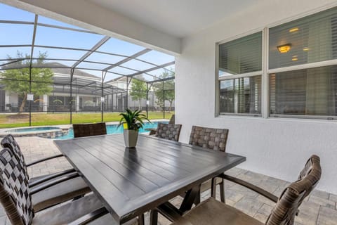 Patio, Dining area, Pool view