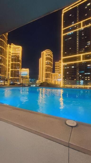 Night, City view, Swimming pool