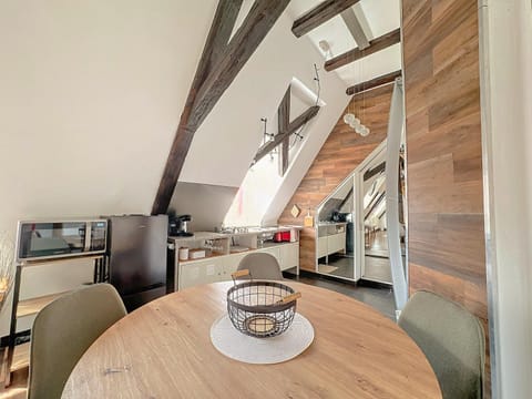 Dining area, flat iron, oven, stove, kitchen